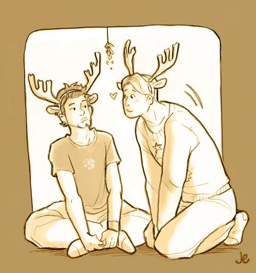 joannaestep:    Prompt: “Tony and Steve, reindeer headbands.” C’mon Tonydeer, it’s mistletoe, Stevedeer just wants one little kiss….   