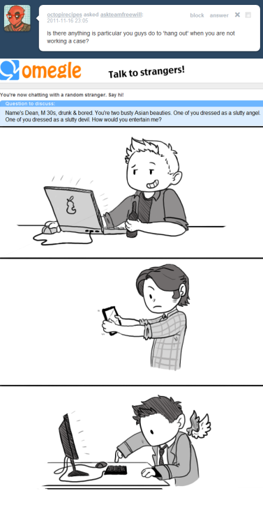 the-winchester-initiative:  drinkthatliquorstore:  thegestianpoet:  syntheticpoetry:  padamoosen:  the-dream-operator:  Stranger 1: hello, dean Stranger 2: Damn it, Dean, not again… Stranger 1: sam, is that you/ Stranger 2: Uh, yes?  Who’s this?