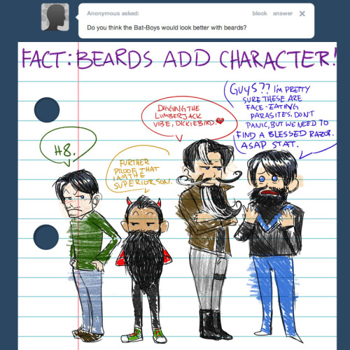FACT: Beards add character! Tim: H8. Damian: Further proof that I am the superior son. Jason: Diggin