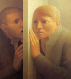 GEORGE TOOKER. Voice, 1968. Egg tempera on gesso panel. 19 1/2” x 17 1/2”.