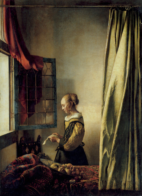 sleepingunderstatues:  Vermeer. Girl Reading a Letter. 1657-9. Vermeer might be one of my favorite Dutch artists. Gotta love that effusive light and those Dutch windows. Also, I do enjoy the enigmatic quality of his paintings—what is written in that