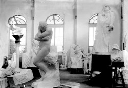 artistandstudio:  Auguste Rodin’s studio with several works including Eve and a large sculpture of  Honoré de Balzac (at center right). 
