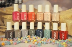 profashionails:  We LOVE our ESSIE! &lt;3 Our Essie Collection. Bottom Row, Left to Right: Mink Muffs, Master Plan, Lilacism, Sew Psyched, Mezmerised, Turquoise &amp; Caicos, In Stitches, and Russian Roulette Top Row, Left to Right: Secret Story, Mod