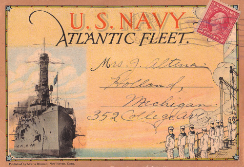 Vintage postcard folder depicting ships of the U.S. Navy’s Atlantic Fleet - postmarked 1918