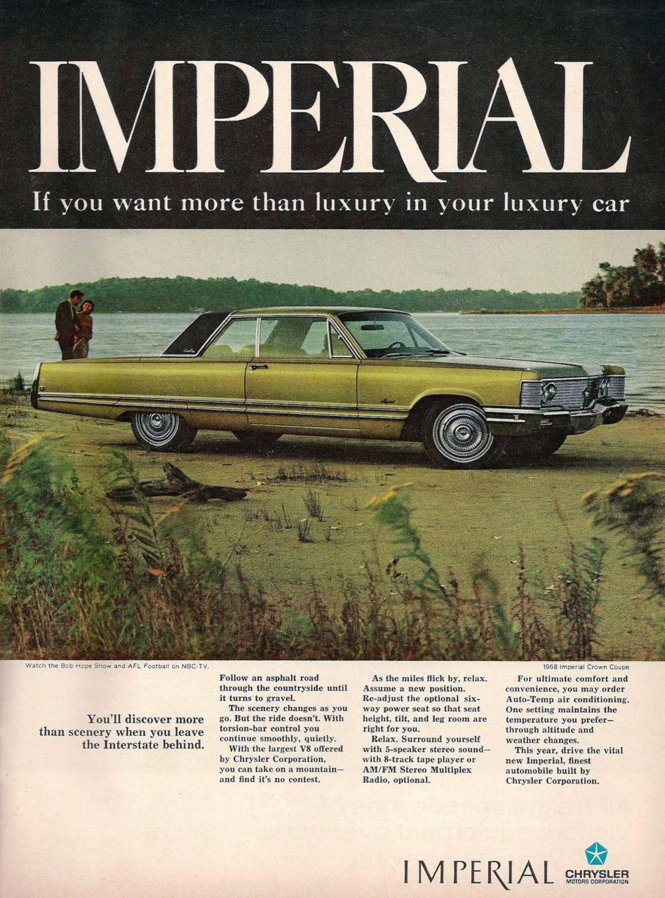 dtxmcclain:  Chrysler Imperial Crown Coupe, 1968  Loos loke the ad for a scary movie.