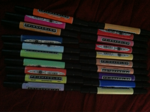 candence:  Okay Children, Look up. What do you see? Prismacolours, double sided. I was cleaning and I found these stashed away in a closet. They have not seen the light of day in 6 years, but yes. They all work. There is 48 of them, and they are double