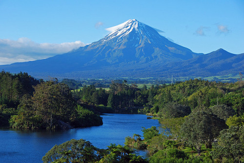 photo by Larry He on Flickr.Mount Taranaki, or Mount Egmont, is an active but quiescent stratovolcan