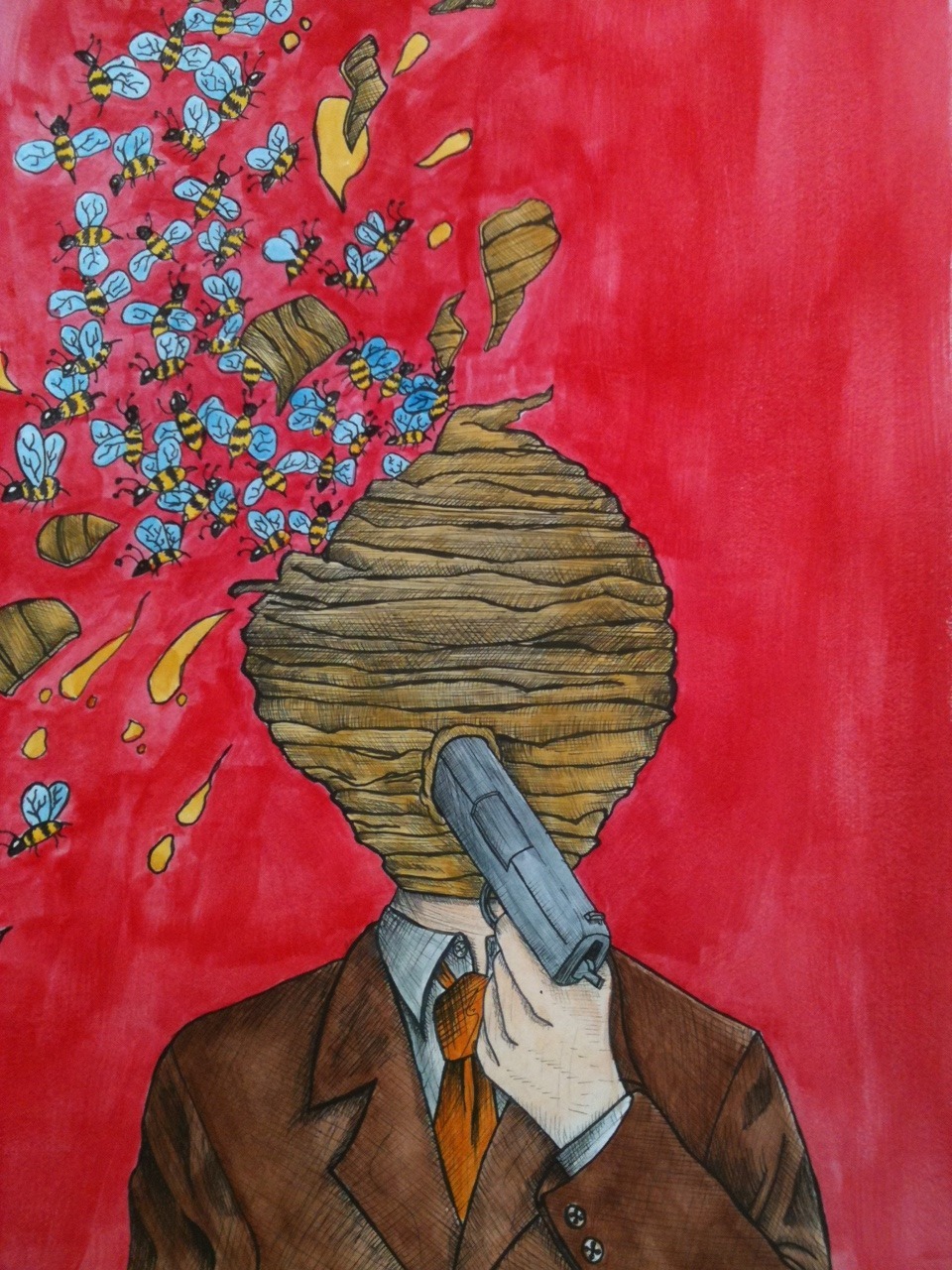 eatsleepdraw:  (Untitled) Hive Man. Watercolour &amp; fineliner.- Kyle Cartlidge,