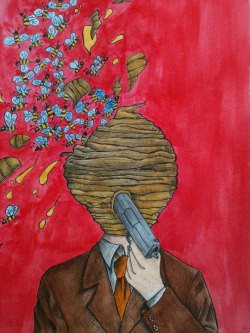 eatsleepdraw:  (Untitled) Hive Man. Watercolour &amp; fineliner.- Kyle Cartlidge, BA Hons Fine Art Student.  