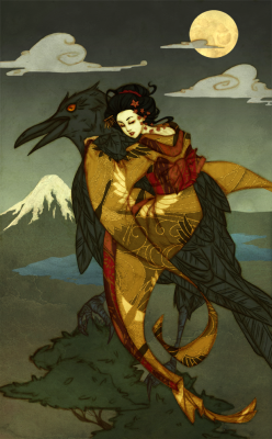 lizpulido:  Illustration of a Japanese fairy tale wherein a girl befriends a crow demon in order to save the soul of her sister. For those of you who have expressed interest, you can find a novelized version of the tale by Kara Dalkey entitled Little