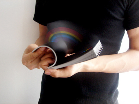 designoclock:  This book started as a personal project in summer 2007, and was soon published from a Japanese bookstore “Utrecht”. It’s a flipbook, but rather than seeing animation, it creates a 3D rainbow in your hand. Since being published it