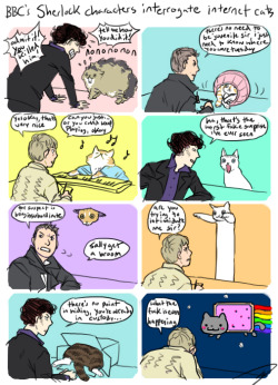 illegalities:  finelined:  reapersun:  tiem to take another prompt and beat it to within an inch of its life genuinelytricked: If you  could, would you draw Sherlock interrogating the “NONONONO” Cat for  burglary or murder?  OHMYGOD. THIS IS AMAZING.