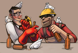 owlymedics:  Medic and Engie sharing a beer