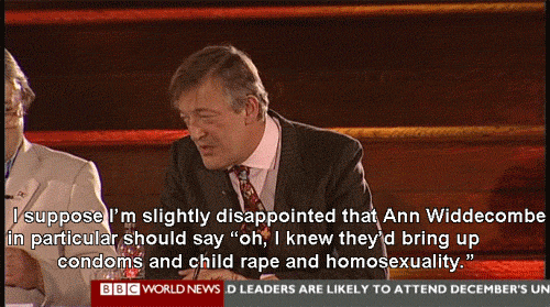 ragingbeard:  LMAO, this debate is amazing. Watching Fry and Hitchens destroy their opposition is always entertaining, but this one was particularly insulting and I loved every minute of it. I’ll post the link for those of you who would like to see: