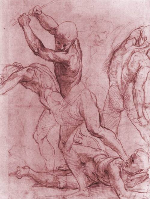 deadsunflower:  Raffaello Sanzio, Fighting Men (1510-11). Red chalk over leadpoint, 379 x 281 mm. Ashmolean Museum, Oxford. 