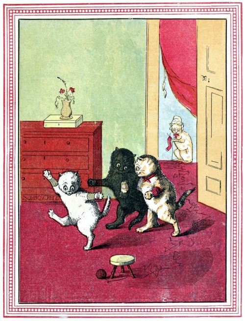 oldbookillustrations:The three little kittens going to eat the pie.From Three little kittens, by Rob