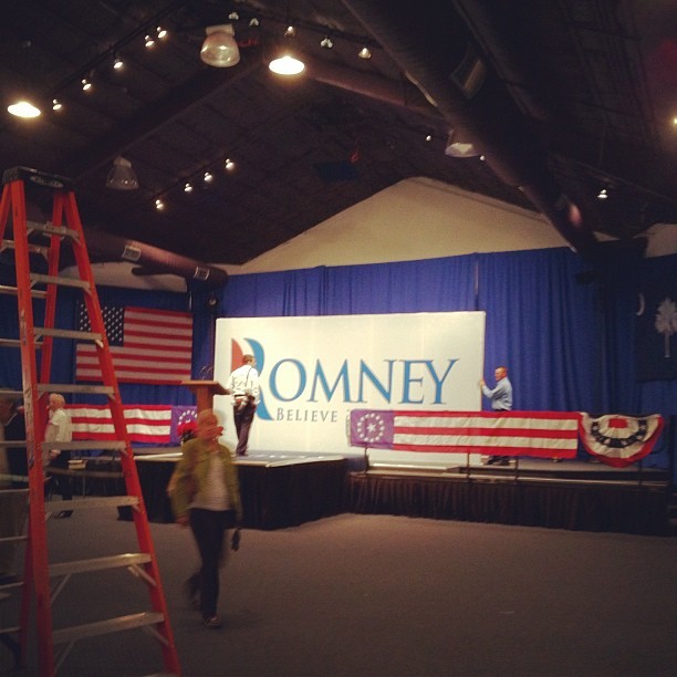 Aides installing a massive Romney sign ahead of his Greenville event w Nikki Haley (Taken with instagram)