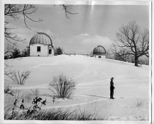 &ldquo;Skiing near Whitin Observatory.&rdquo; Wellesley College, undated, 1940-1960. (Welles