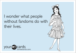 not-a-comedian:  wikitiki:  i-am-canada:  I wonder what people without fandoms do with their lives.Via someecards  I’ve actually seriously contemplated this. Like, what do they do? With their free time? When they’re stuck sitting somewhere with nothing