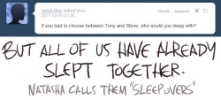 a-brilliant-loser:  andrew-scoot:  bbs  #it probably took ages to get them like this #they started out with only one blanket #which lead to a lot of problems #natasha nearly smothered tony with a pillow because he was hogging the covers #thor was