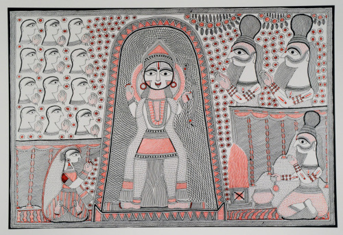 &ldquo;Ram (center) worshipped by laypeople and sages.&rdquo; Reproduction of Mithila drawin