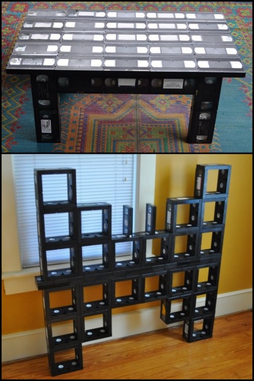 DIY Inspiration. Used VHS Tapes and contact cement used to make tables and a “VHS Butterfly&rd