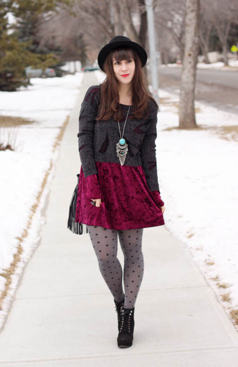 Grey tights with black circular parttern and burgundy floral skirt