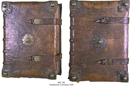 Binding: Germany, ca. 1430, pigskin over heavy wooden red-painted boards , sewn of 5 thongs, brass c