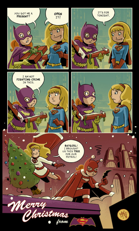 thehappysorceress: Merry Christmas from Batgirl &amp; Supergirl! from the always amazing Mike Ma