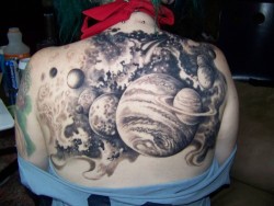 fuckyeahgirlswithtattoos:  This is the first of three day sittings on my upper back piece. If you look closely, you can see the constellations for Scorpio, Gemini &amp; Aquarius, which are my sun, moon &amp; rising signs, respectively. I got the universe