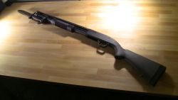 nickstermin8r:  churchofcyberpunk:  gunsandgear:  Mossberg 590A1 with M9 Bayonet 12 Gauge  perfect for those rare occasions when someone dares to knock on my front door.  The stabbyshoot, my FAVORITE.