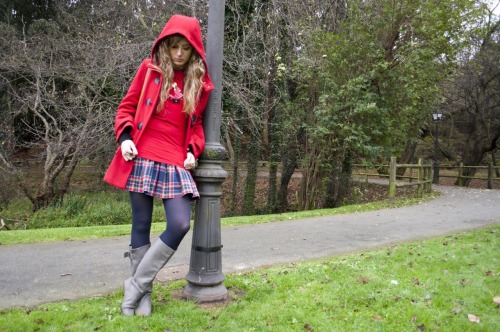 Blue tights with grey boots and tartan skirt + bright red coat with a hoodie