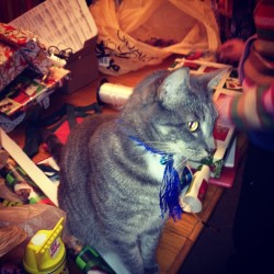 Mittens really likes ribbons. Just under his paw you can see the one we just pulled away from him. He&rsquo;s our &ldquo;helper&rdquo; tonight (Taken with instagram)