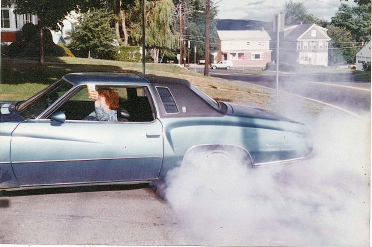 upintherear:  A grandmother raising her beer while doing a burn out in her 1974 Monte