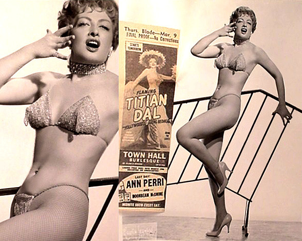   Flaming Titian Dal Promo photo with newspaper ad for an appearance at Rose La Rose’s