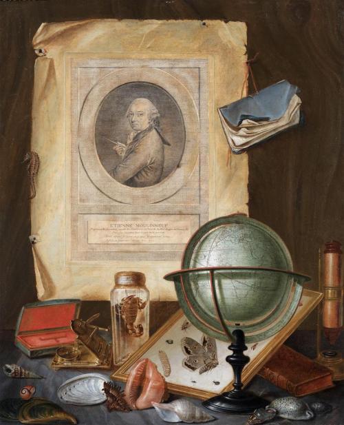 ce-sac-contient: Etienne Moulinneuf (1720-1789) - Trompe-l'oeil, still-life showing scientific 