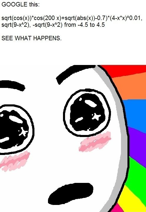 thefuuuucomics:  http://Link: www.google.com/search?btnG=1&amp;pws=0&amp;q=sqrt(cos(x))*cos(200+x)%2Bsqrt(abs(x))-.07)*(4-x*x)%5E0.01%2C+sqrt(9-x%5E2)%2C-sqrt(9-x%5E2)+from+-4.5+to+4.5