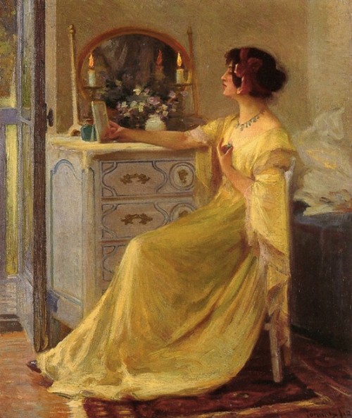 in-the-middle-of-a-daydream:&ldquo;Bessie Potter Vonnoh at her dressing table&rdquo; by Robert Vonno