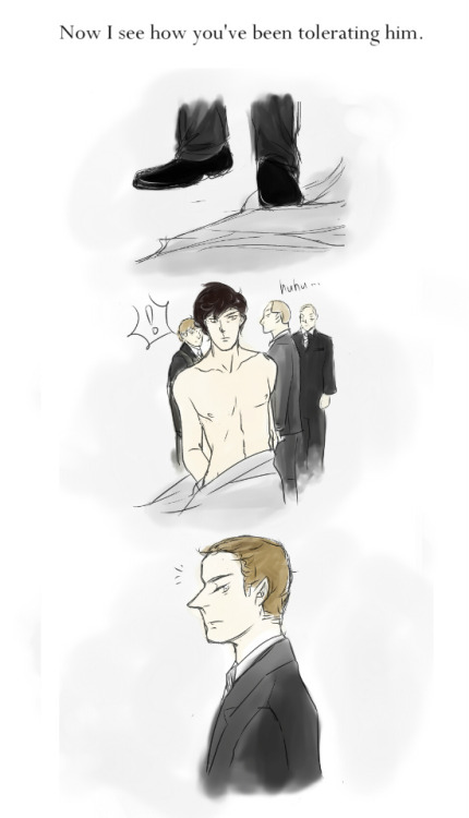 ishipjohnlock247:  holligenet:  sherlockspeare:  Mycroft knows everything. Hahaha. My good friend Saint Sam(who drew me a Sherlock/John kiss in a library) gave me this fanart. She likes to make things dirty and lewd. Just like me XD  pffffffffffffffftttt 