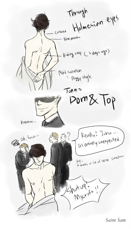 ishipjohnlock247:  holligenet:  sherlockspeare:  Mycroft knows everything. Hahaha. My good friend Saint Sam(who drew me a Sherlock/John kiss in a library) gave me this fanart. She likes to make things dirty and lewd. Just like me XD  pffffffffffffffftttt 