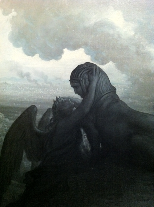 le-petit-aesthete:The Enigma - Gustave Dore‘…stands a sphinx overlooking the scene. Under the 