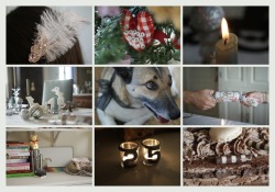 Yay, christmassy photo montage!! (my feather hairpiece, an adorable christmas decoration made by my cousin, a sort of arty picture of a candle, the christmas table, my dog making her puppy eyes, my mum and dad pulling a cracker, my prezzies (13 books!