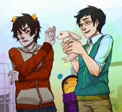 think-pan:  EB: how about this one, karkat?CG: JOHNJOHN WHAT THE FUCK IS THATEB: it’s a rabbit, of course! what should we name it?CG: YOU’RE GOING TO KEEP THAT FEEBLE FLUFFBALL AS A PET?EB: he needs an awesome name! help me out here, karkat.CG: WOULDN’T