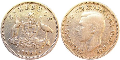 Obverse & reverse of the Australian 6d coin, 1951.