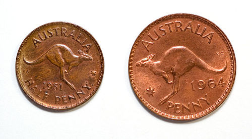 1960s Australian half-penny and penny coins.  Australia used British currency until 1910 (in line wi