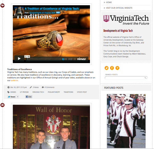 Our very own Gary Cope helps run this Virginia Tech blog that doubles as the Office of University Development’s office website.
We think it’s a great example of our Single A theme in action. We especially like their use of Single A’s sticky post and...