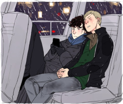 ;3; ninja-firefly: Can I  get a picture of Sherlock on the bus slouching with his knees on the  seat in front of him, like texting or something, while John cuddles up  against his side? I&rsquo;ve had this image in my head forever - soooo cute :D