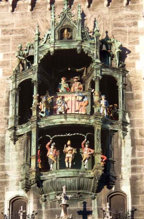 Munich City Hall GlockenspielWooden medieval styled characters move inside the carillon of the new t