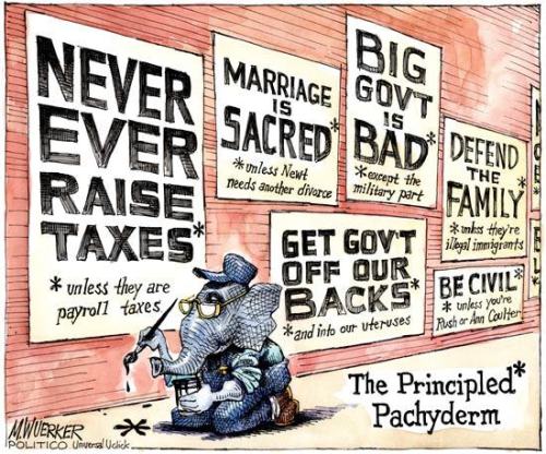 Nicely done:
NEVER EVER RAISE TAXES (*unless they are payroll taxes)
MARRIAGE IS SACRED (*unless Newt needs another divorce)
BIG GOVT IS BAD (*except the military part)
GET GOV’T OFF OUR BACKS (*and into our uteruses)
DEFEND THE FAMILY (*unless...