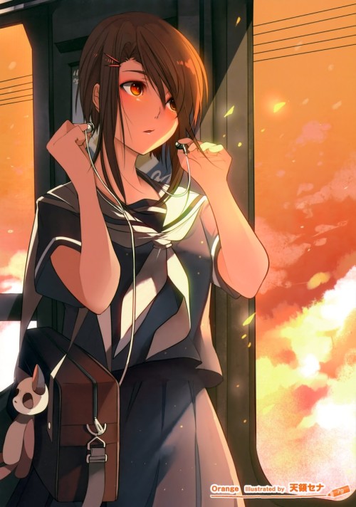 shy-azusa:  1girl absurdres artist request bag brown hair cloud earbuds hair ornament hairclip highres orange eyes original school bag school uniform serafuku short hair shoulder bag skirt sky solo sunset train train interior